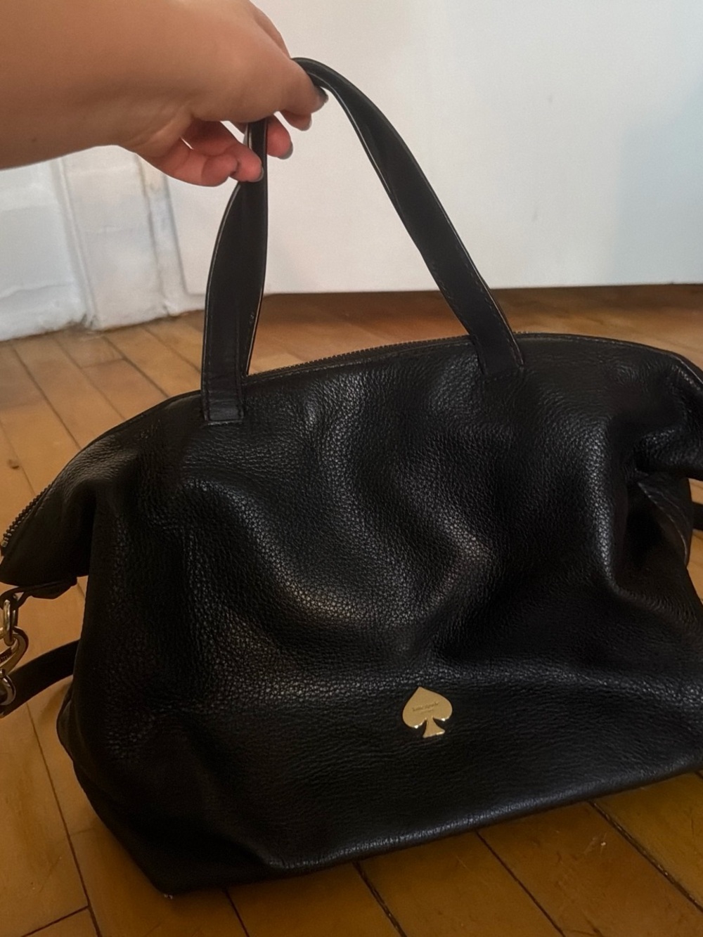 kate spade Black Leather Satchel with Gold Spade Accent